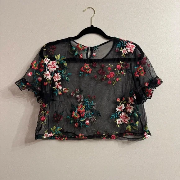 Floral Embroidered Sheer Black Top | Women’s Size Large - Picture 6 of 7